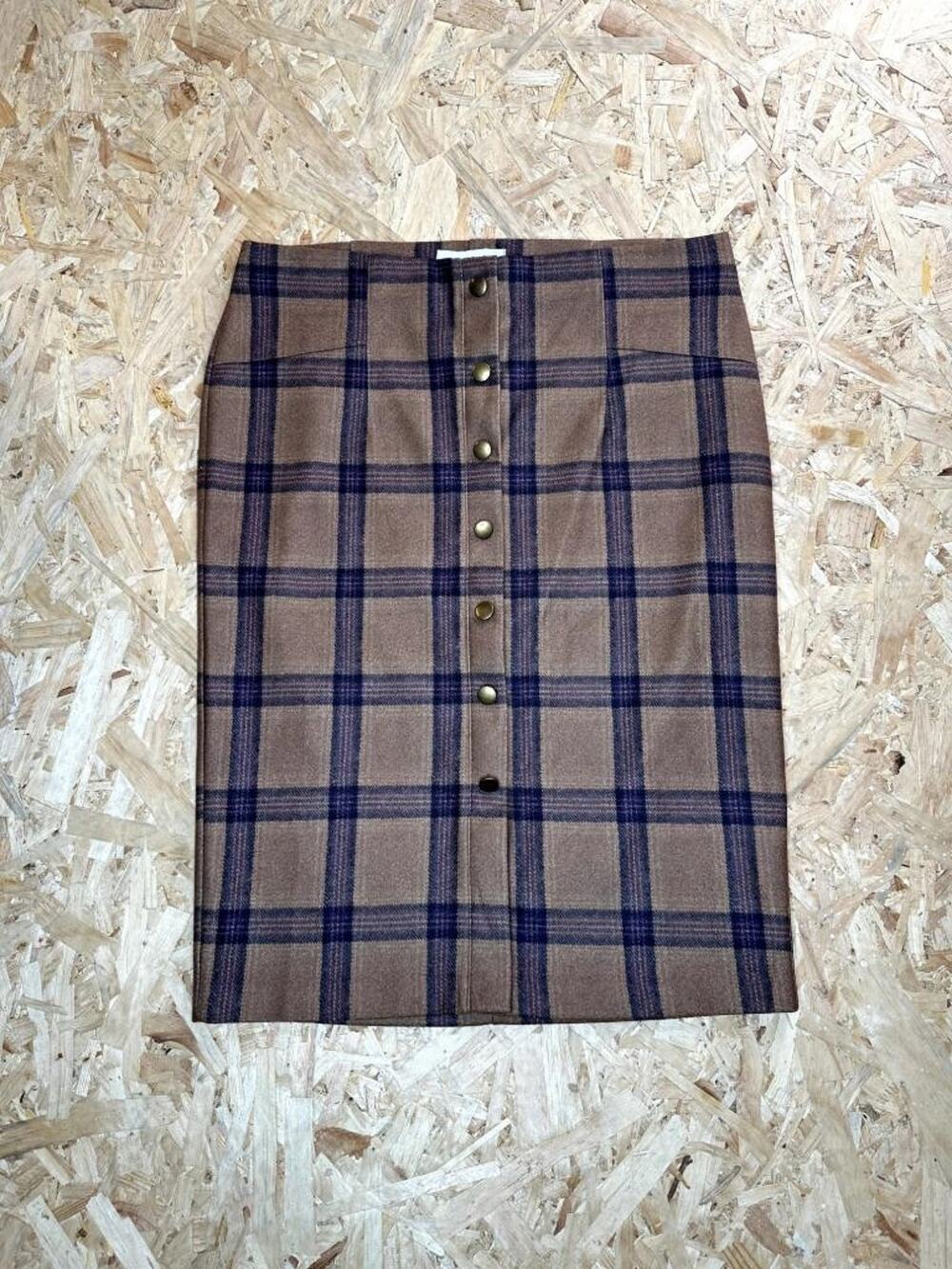 Carole Wren Plaid Pencil Skirt Womens Large Brown Blue Button Front Midi